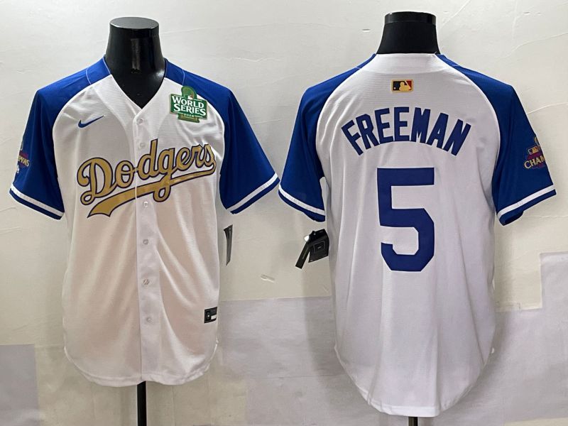 Men Los Angeles Dodgers #5 Freeman White Blue Champion gold character Nike 2025 MLB Jersey style 5054